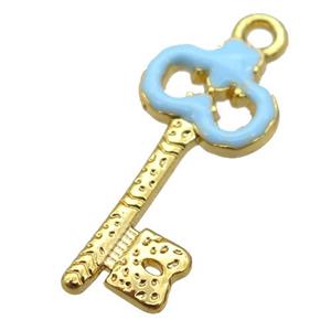 copper Key pendant with blue enamel, gold plated, approx 11-24mm