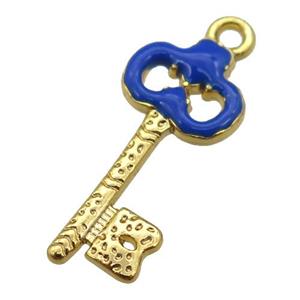 copper Key pendant with royalblue enamel, gold plated, approx 11-24mm