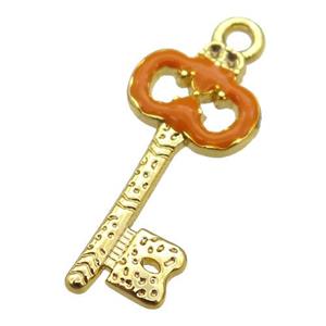 copper Key pendant with brown enamel, gold plated, approx 11-24mm
