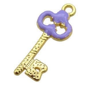 copper Key pendant with lavender enamel, gold plated, approx 11-24mm