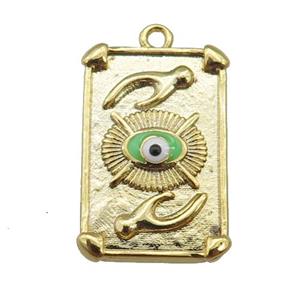 copper Tarot Card pendant with green enamel eye, hand, gold plated, approx 13-19mm