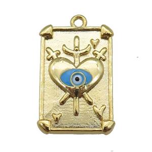 copper Tarot Card pendant with blue enamel eye, sword, gold plated, approx 13-19mm