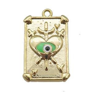 copper Tarot Card pendant with green enamel eye, sword, gold plated, approx 13-19mm