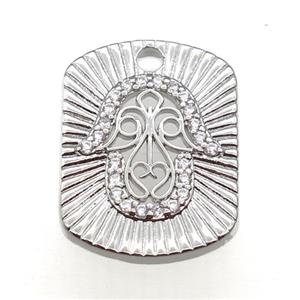 copper Hamsahand pendant paved zircon, platinum plated, approx 14.5-19mm