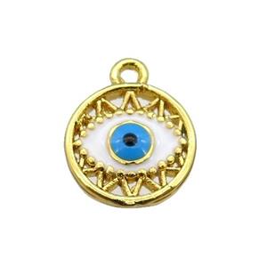 copper Evil eye pendant with white enamel, circle, gold plated, approx 10mm
