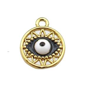 copper Evil eye pendant with black enamel, circle, gold plated, approx 10mm