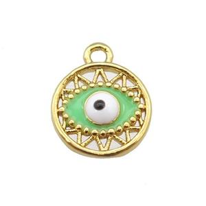 copper Evil eye pendant with green enamel, circle, gold plated, approx 10mm