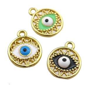 copper Evil eye pendant with enamel, circle, gold plated, mixed, approx 10mm