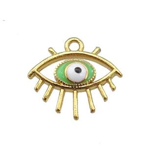 copper Evil eye pendant with green enamel, gold plated, approx 13-14mm