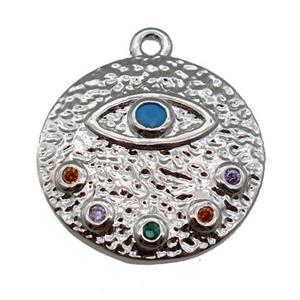 copper Eye charm pendant paved zircon, circle, platinum plated, approx 18mm