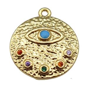 copper Eye charm pendant paved zircon, circle, gold plated, approx 18mm