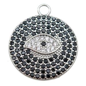 copper Eye charm pendant paved zircon, circle, platinum plated, approx 22mm dia