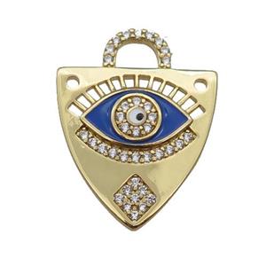 copper shield pendant paved zircon with blue enamel Eye, gold plated, approx 17-22mm