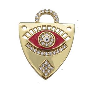 copper shield pendant paved zircon with red enamel Eye, gold plated, approx 17-22mm