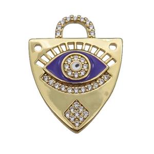 copper shield pendant paved zircon with purple enamel Eye, gold plated, approx 17-22mm