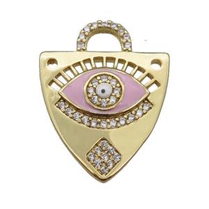 copper shield pendant paved zircon with pink enamel Eye, gold plated, approx 17-22mm