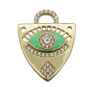copper shield pendant paved zircon with green enamel Eye, gold plated, approx 17-22mm