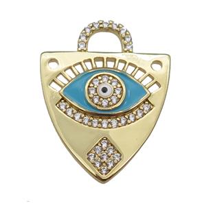 copper shield pendant paved zircon with lt.blue enamel Eye, gold plated, approx 17-22mm