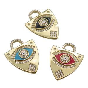 copper shield pendant paved zircon with enamel Eye, gold plated, mixed, approx 17-22mm