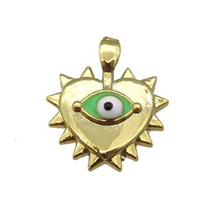 copper Heart pendant with green enamel evil eye, gold plated, approx 13-14mm