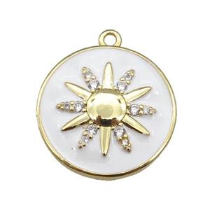 copper circle pendant paved zircon with white enamel sunflower, gold plated, approx 21mm