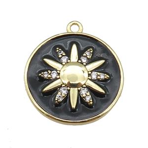 copper circle pendant paved zircon with black enamel sunflower, gold plated, approx 21mm