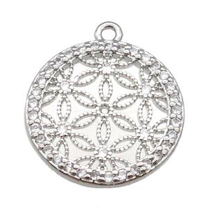 copper circle pendant paved zircon, flower of life, platinum plated, approx 18mm dia