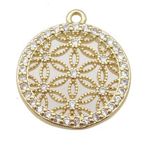 copper circle pendant paved zircon, flower of life, gold plated, approx 18mm dia