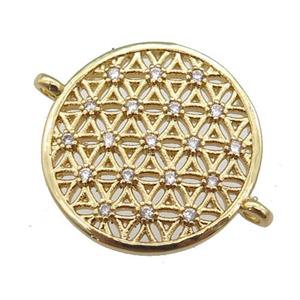 copper circle connector paved zircon, flower of life, gold plated, approx 19mm dia