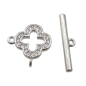 copper Toggle Clasp paved zircon, clover, platinum plated, approx 12mm, 20mm