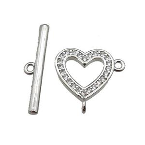 copper Toggle Clasp paved zircon, heart, platinum plated, approx 12mm, 20mm