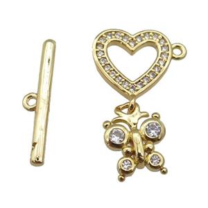 copper Toggle Clasp paved zircon, heart, gold plated, approx 12mm, 20mm, 9-12mm