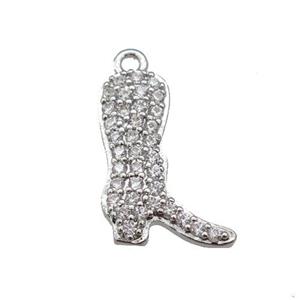 copper cowboy boot pendant paved zircon, shoe, platinum plated, approx 12-16mm