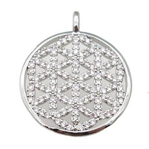 copper circle pendant paved zircon, Flowe of Life symbol, platinum plated, approx 22mm