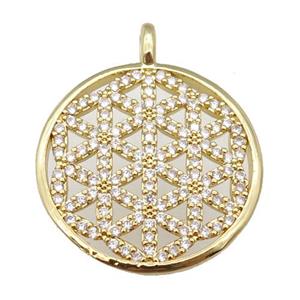 copper circle pendant paved zircon, Flowe of Life symbol, gold plated, approx 22mm