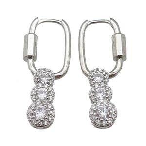 copper latchback earring paved zircon, platinum plated, approx 8-18mm, 14-20mm