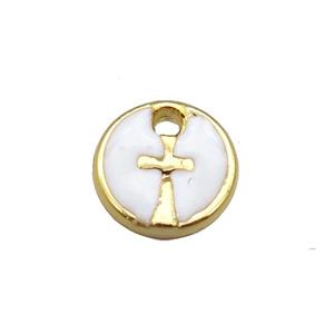 copper cross pendant with white enamel, circle, gold plated, approx 10mm dia