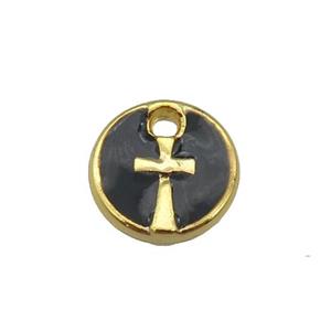copper cross pendant with black enamel, circle, gold plated, approx 10mm dia