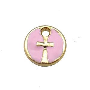 copper cross pendant with pink enamel, circle, gold plated, approx 10mm dia