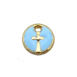 copper cross pendant with lt.blue enamel, circle, gold plated, approx 10mm dia