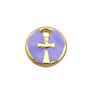 copper cross pendant with lavender enamel, circle, gold plated, approx 10mm dia