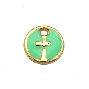 copper cross pendant with green enamel, circle, gold plated, approx 10mm dia