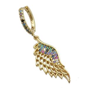 copper Hoop Earring paved zircon, angel wing, gold plated, approx 11-25mm, 14mm dia