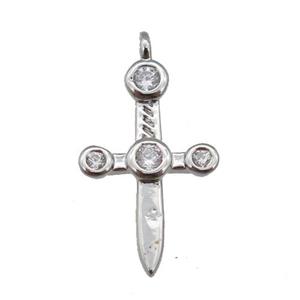 copper sword pendant paved zircon, platinum plated, approx 10-16mm