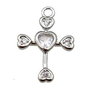 copper cross pendant paved zircon, platinum plated, approx 14-18mm