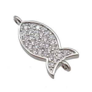 copper fish connector paved zircon, platinum plated, approx 7-14mm
