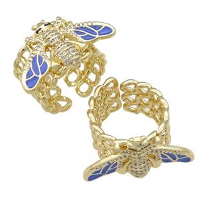 copper Ring paved zircon with blue enamel honeybee, gold plated, approx 15-28mm, 18mm dia