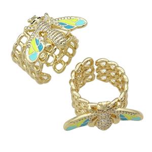 copper Ring paved zircon with enamel honeybee, gold plated, approx 15-28mm, 18mm dia