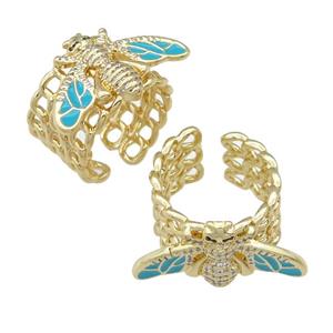 copper Ring paved zircon with teal enamel honeybee, gold plated, approx 15-28mm, 18mm dia