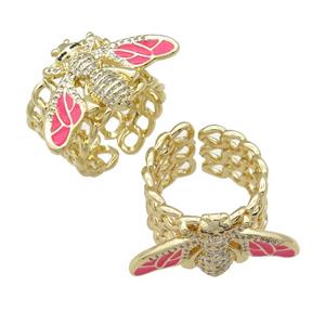 copper Ring paved zircon with enamel hotpink honeybee, gold plated, approx 15-28mm, 18mm dia